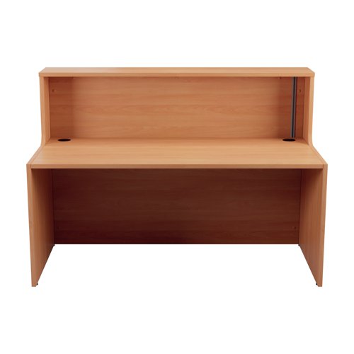 With clean and elegant lines, this Jemini Reception Unit is ideal for use in a variety of reception areas. The modular design features a panel end construction incorporating a fixed riser unit. The unit has a sturdy 25mm thick desktop. This reception unit measures 1400x800x740mm and is finished in Beech.