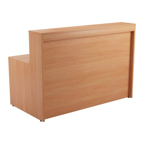 KF816265 | With clean and elegant lines, this Jemini Reception Unit is ideal for use in a variety of reception areas. The modular design features a panel end construction incorporating a fixed riser unit. The unit has a sturdy 25mm thick desktop. This reception unit measures 1400x800x740mm and is finished in Beech.