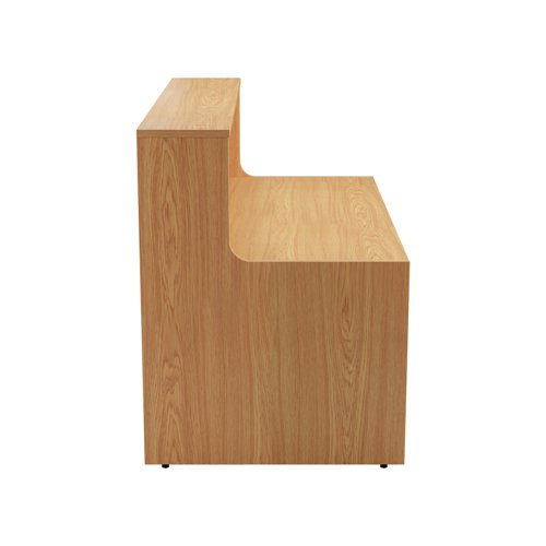 With clean and elegant lines, this Jemini Reception Unit is ideal for use in a variety of reception areas. The modular design features a panel end construction incorporating a fixed riser unit. The unit has a sturdy 25mm thick desktop. This reception unit measures 1400x800x740mm and is finished in Nova Oak.