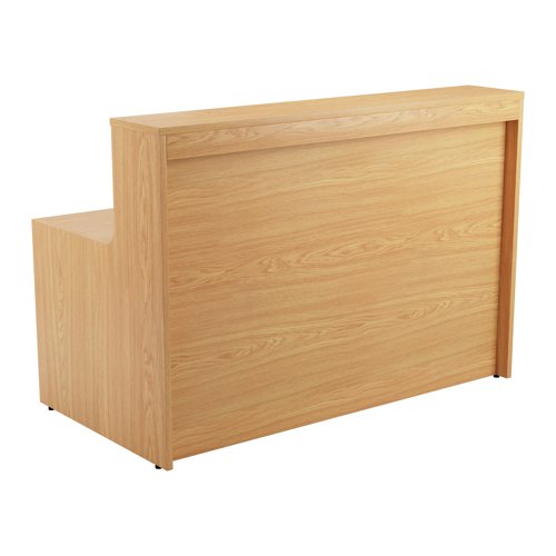 With clean and elegant lines, this Jemini Reception Unit is ideal for use in a variety of reception areas. The modular design features a panel end construction incorporating a fixed riser unit. The unit has a sturdy 25mm thick desktop. This reception unit measures 1400x800x740mm and is finished in Nova Oak.