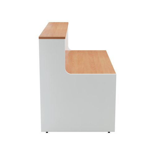 KF816340 | With clean and elegant lines, this Jemini Reception Unit is ideal for use in a variety of reception areas. The modular design features a panel end construction incorporating a fixed riser unit. The unit has a sturdy 25mm thick desktop. This reception unit measures 1400x800x740mm and features a white base with a top finished in beech.