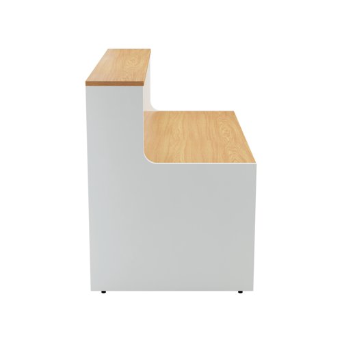 KF816357 | With clean and elegant lines, this Jemini Reception Unit is ideal for use in a variety of reception areas. The modular design features a built-in modesty board as standard, as well as a sturdy 25mm thick desktop. This reception unit measures 1400x800x740mm and features a white base with a top finished in Nova Oak.