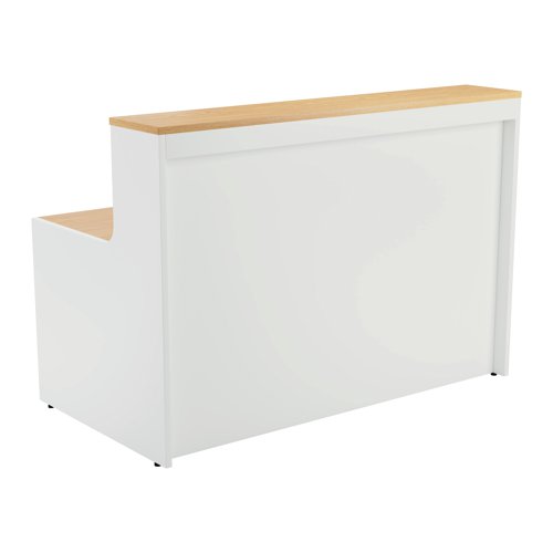 KF816357 | With clean and elegant lines, this Jemini Reception Unit is ideal for use in a variety of reception areas. The modular design features a built-in modesty board as standard, as well as a sturdy 25mm thick desktop. This reception unit measures 1400x800x740mm and features a white base with a top finished in Nova Oak.