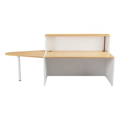 With clean and elegant lines, this Jemini Reception Unit is ideal for use in a variety of reception areas. The modular design features a built-in modesty board as standard, as well as a sturdy 25mm thick desktop. The extension unit allows extra desk space or to allow access for wheelchair users. This reception unit features a white base with a top finished in Nova Oak.