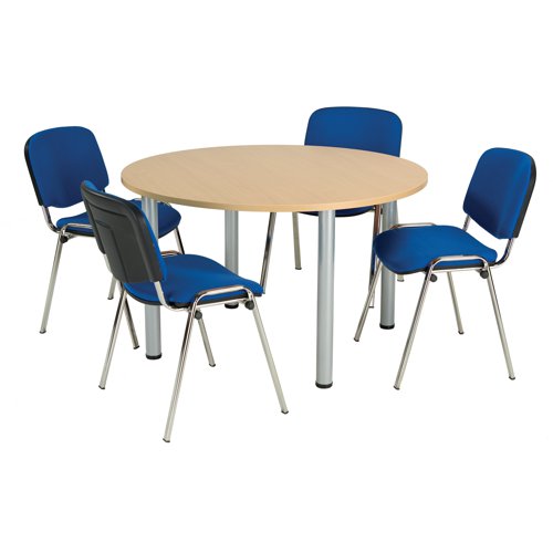 This Jemini Circular Meeting Table features four tubular metal legs with a 25mm thick MFC desktop finished in Nova Oak. Ideal for meeting rooms, breakout areas, canteens and more, this circular table has a 1200mm diameter and is 730mm high.