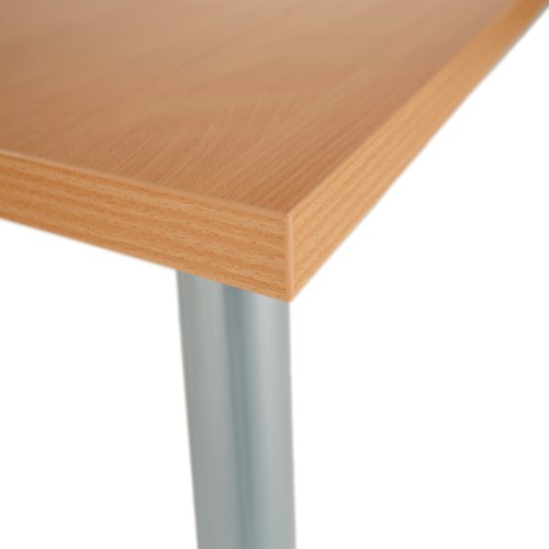 This Jemini Rectangular Meeting Table is ideal for use in meeting, training rooms and breakout areas. Combine with other tables in the range to form a configuration that suits you. The desk features four tubular metal legs with a 25mm thick MFC desktop finished in beech. This table measures 1200x800x730mm.