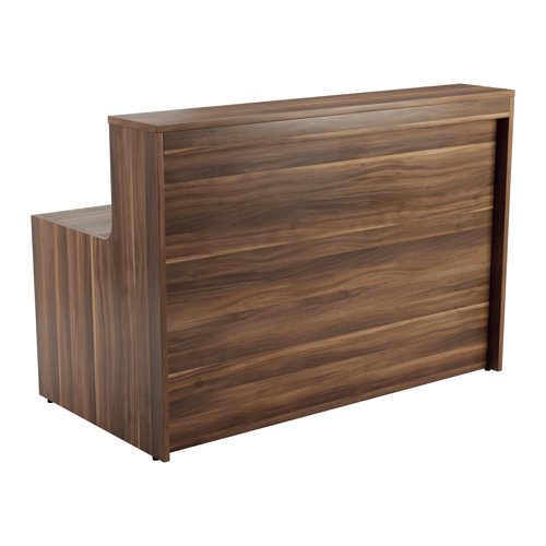 KF818190 | With clean and elegant lines, this Jemini Reception Unit is ideal for use in a variety of reception areas. The modular design features a panel end construction incorporating a fixed riser unit. The unit has a sturdy 25mm thick desktop. This reception unit measures 1400x800x740mm and is finished in Dark Walnut.