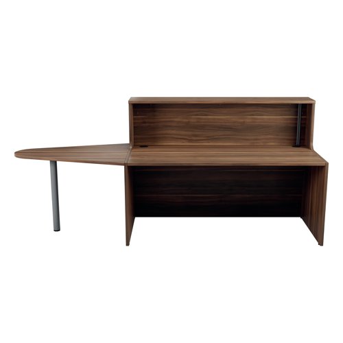 With clean and elegant lines, this Jemini Reception Unit is ideal for use in a variety of reception areas. The modular design features a built-in modesty board as standard, as well as a sturdy 25mm thick desktop. The extension unit allows extra desk space or to allow access for wheelchair users. This reception unit comes with an extension and is finished in Dark Walnut.