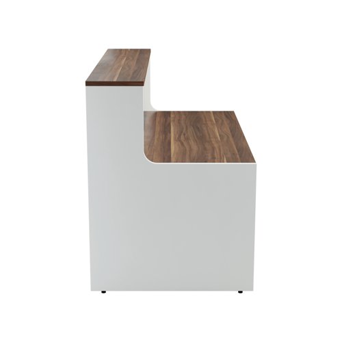 With clean and elegant lines, this Jemini Reception Unit is ideal for use in a variety of reception areas. The modular design features a built-in modesty board as standard, as well as a sturdy 25mm thick desktop. This reception unit measures 1400x800x740mm and has a white base with a top finished in Dark Walnut.