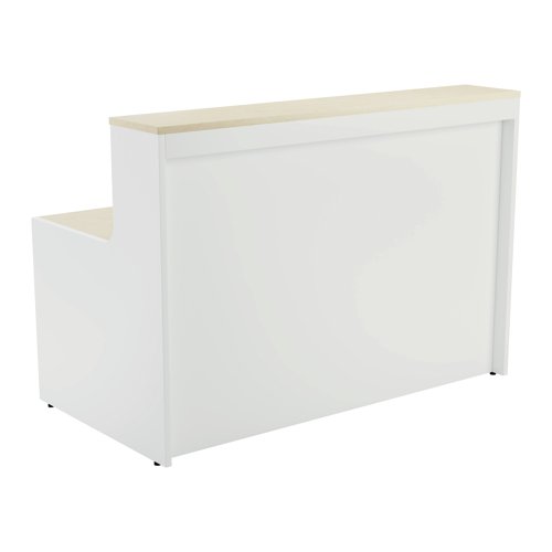 With clean and elegant lines, this Jemini Reception Unit is ideal for use in a variety of reception areas. The modular design features a built-in modesty board as standard, as well as a sturdy 25mm thick desktop. This reception unit measures 1400x800x740mm and has a white base with a top finished in Maple.