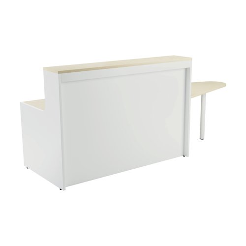 With clean and elegant lines, this Jemini Reception Unit is ideal for use in a variety of reception areas. The modular design features a built-in modesty board as standard, as well as a sturdy 25mm thick desktop. The extension unit allows extra desk space or to allow access for wheelchair users. This reception unit comes with an extension and has a white base with a top finished in Maple.