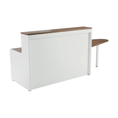 With clean and elegant lines, this Jemini Reception Unit is ideal for use in a variety of reception areas. The modular design features a built-in modesty board as standard, as well as a sturdy 25mm thick desktop. The extension unit allows extra desk space or to allow access for wheelchair users. This reception unit comes with an extension and has a white base with a top finished in Dark Walnut.