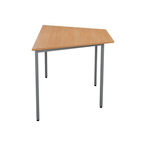 This multipurpose trapezoidal table, supplied in a flatpack construction is simple to build and is ideal for a variety of uses. Featuring 10mm height adjustable feet with metal to metal fixings, the table comes with a silver powder coated frame. Finished in Nova Oak, measuring 1600x800x730mm.
