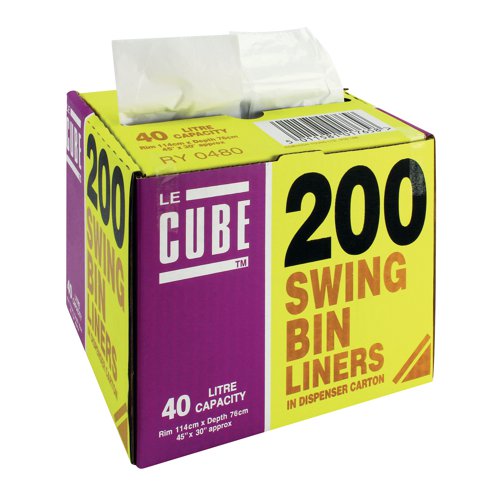 RY01765 | These swing bin liners are constructed of robust, heavy duty polypropylene for superb durability, even when full. With a capacity of 46 litres, they are ideal for frequent use in high volume environments, such as catering and schools. Simply pull a new liner from the handy dispenser box when needed.