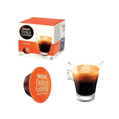 Nescafe Dolce Gusto uses fifteen bar pump pressure to create barista-quality drinks at the touch of a button. Using a pod system of individual servings in foil-sealed capsules to lock in freshness, making your favourite drink could not be any simpler. These Cafe Lungo coffee capsules are made by passing the whole cup of water through the ground beans for an exceptionally smooth, long coffee. To get this exceptional taste in a few seconds, just insert the capsule into your machine for a coffee that is second to none. This pack contains 48 capsules.