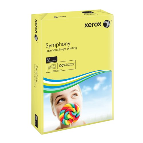 XX93975 | Looking to add some colour to your life? Xerox A4 Symphony Pastel Yellow Paper helps your documents stand out from the pack.  Created according to the exacting standards applied to all Xerox products, it has the same smooth surface, printability and excellent opacity we have come to expect.  Designed for high speed, high volume printing and compatible with all laser, inkjet and copier printers, this 80gsm paper is nothing less than the very best.