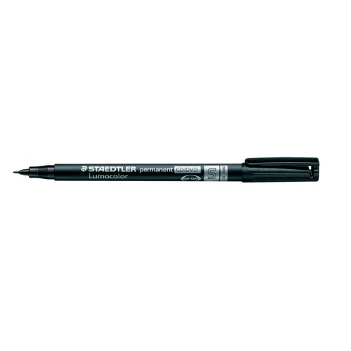 Ideal for writing on CDs and DVDs, this Staedtler Lumocolour pen has an extra soft tip to prevent damage to sensitive surfaces and specially formulated ink, which will not penetrate to the data storage layer. Both smudge-proof and waterproof, the ink is fast drying for quick, convenient use. With a superfine line width of 0.4mm, this pen is great for writing clearly and neatly on the surface of the CD. This pack contains 10 black pens.