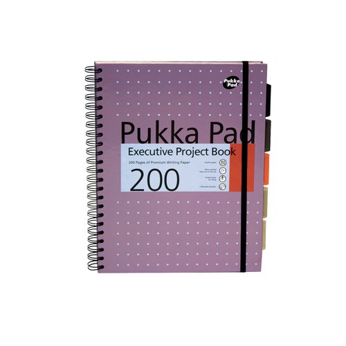 This Pukka Executive Project Book contains 200 pages of quality 80gsm paper and features 5 tinted, removable dividers with storage pockets for organising your notes. The pages are feint ruled for neat note-taking and perforated for easy removal. The notebook is wirebound, allowing it to lie flat for easy note-taking, and features durable hardback covers with a stylish metallic finish. The notebook also features a notes page and a world map page. This pack contains 3 x A4 notebooks.