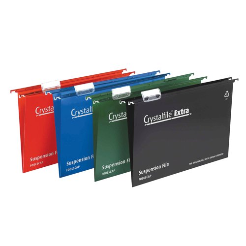 These Crystalfile Extra foolscap suspension files have a 15mm capacity with the ability to hold up to 150 sheets of 80gsm paper. Made from high quality polypropylene that is five times stronger than manilla, the smart satin surface can be wiped clean and keeps the contents safe and secure. Supplied complete with tabs and printable inserts, the files also have matching coloured runners, ideal for colour coded filing systems. This pack contains 25 green files.