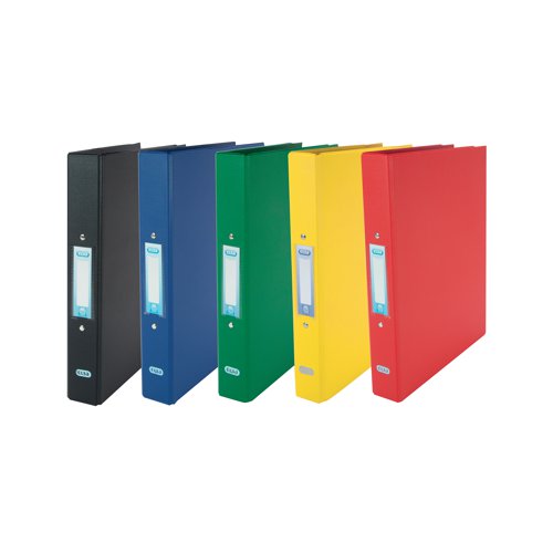 This Elba A4 ring binder is made from durable polypropylene covered board and features a standard 2 O-ring mechanism with a 25mm (250 sheet) capacity. The binder also comes with a self adhesive spine label for quick and easy identification of contents. This pack contains 10 blue binders.