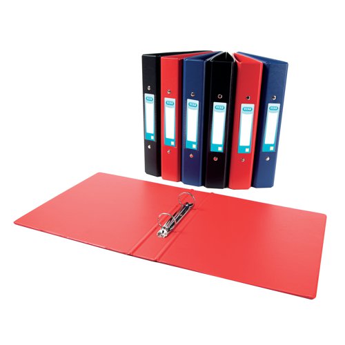 This Elba A5 ring binder is made from durable polypropylene covered board for long lasting use. The binder features a standard 2 O-ring mechanism with a 25mm (250 sheet) capacity and comes with a self adhesive spine label for quick and easy identification of contents. This pack contains 10 black ring binders.