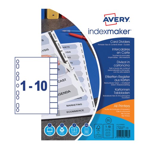 Avery Indexmaker Card Dividers 10-Part Customisable 1-10 A4+ Wide White 01999001 - AV81198