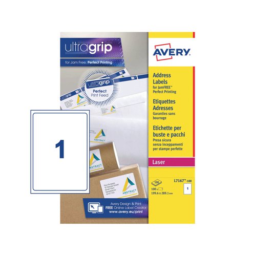 For use with your laser printer, these Avery Ultragrip parcel labels feature jam free printing for reliable results every time. Each label measures 199.6 x 289.1mm. This pack contains 100 A4 sheets, with 1 label per sheet (100 labels in total). Redeem an Avery voucher or a shopping voucher worth up to £15! (averyrewardsclub.co.uk).