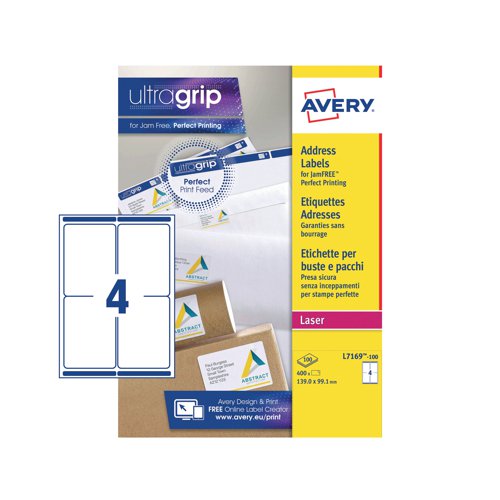 Avery Ultragrip Laser Labels 139x99.1mm White (Pack of 400) L7169-100 - Avery UK - AVL7169 - McArdle Computer and Office Supplies