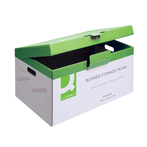 This Q-Connect storage trunk features a hinged lid with catch for secure closure, as well as integrated carry handles for easy transportation. The trunk can be stacked up to 5 high and can hold 3 Q-Connect business transfer cases. This pack contains 10 green and white storage trunks measuring W374 x D540 x H245mm.