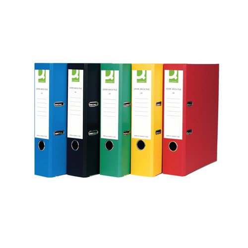 Manufactured using recycled board and paper, these Q-Connect Lever Arch files have a 70mm capacity for A4 documents. The file features a large labelling area on the spine for quick identification of contents, a thumb hole for easy retrieval from the shelf and locking slots and metal shoes for durability. This pack contains 10 black files.