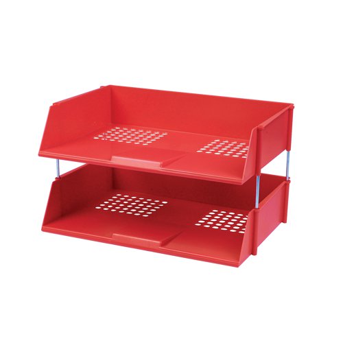 Ideal for desktop filing and organisation, this Q-Connect letter tray features a wide entry for easy access to contents. Made from durable, high impact polystyrene, the letter tray is stackable both with and without risers (available separately). This pack contains 1 red letter tray measuring W415 x D285 x H88mm.