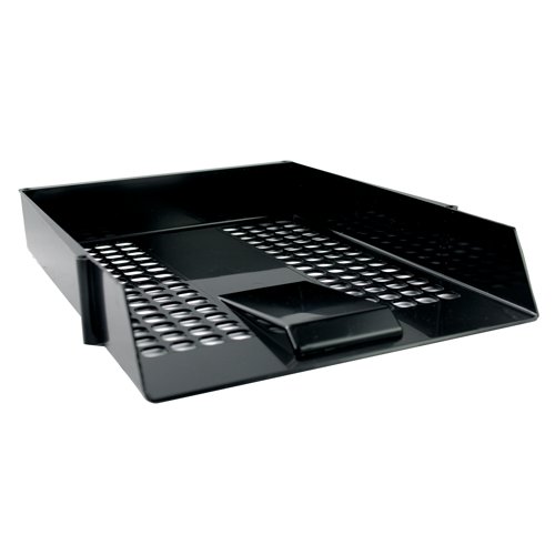 Organise your desk effectively and affordably with this Q-Connect letter tray, which can hold both A4 and foolscap documents. This front loading tray is made from high impact polystyrene with a strong mesh construction. Stack it with other trays to add extra capacity on your desktop. This pack contains 1 black letter tray measuring W278 x D377 x H65mm.