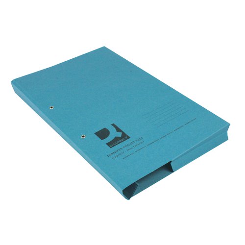 Combining a transfer file and a document wallet, this pack of 25 blue Q-Connect transfer pocket files provide a multipurpose solution for storage of loose sheets of paper. Quickly add, remove and re-organise punched papers with the fast and secure spring clip mechanism, while the built-in pocket with a 38mm capacity lets you store additional unpunched documents. These files are available in a wide range of colours, making them perfect for the implementation of a colour coded filing system.