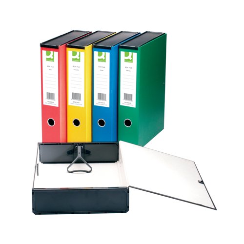 KF20015 | Suitable for long term storage of both A4 and foolscap documents, this Q-Connect coloured box file features an internal spring clip to keep contents secure and a strong lid clip for protection. The box file also has a finger ring for easy retrieval from a shelf, 75mm filing capacity and spine label for quick identification. Ideal for colour coordinated filing, this pack contains 5 green box files.