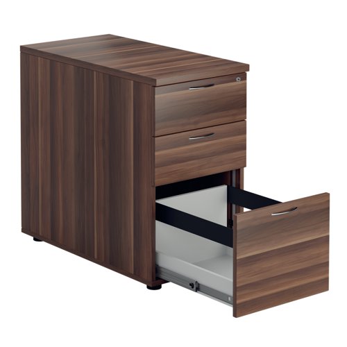 Offering a convenient and flexible place to store documents, papers and stationery, this walnut-finish desk high pedestal can fit conveniently next to your desk to provide additional work space. The pedestal features 2 box drawers and 1 filing drawer suitable for foolscap suspension filing. This pedestal measures W404xD800xH730mm and can be placed beside the 800mm end of a radial desk, or used with a standard desk.