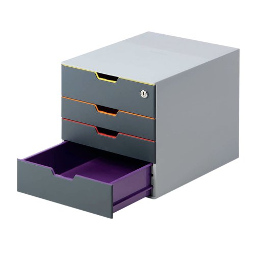 Stylish drawer box with four colourful drawers made from premium quality plastic. The top drawer is lockable with a cylinder lock for the storage of confidential documents and personal belongings. Each drawer is a different colour making it easy to organise documentation. The drawers open smoothly and include drawer stops. Featuring transparent labelling windows and EDP-printable label inserts which are and easy to exchange. These stackable sets include plastic feet to prevent skidding. Suitable for holding A4, C4, folio and letter size formats, the drawer unit measures W292 x D356 x H280mm.