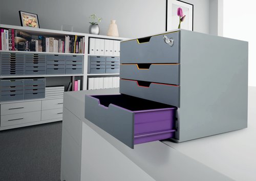 Stylish drawer box with four colourful drawers made from premium quality plastic. The top drawer is lockable with a cylinder lock for the storage of confidential documents and personal belongings. Each drawer is a different colour making it easy to organise documentation. The drawers open smoothly and include drawer stops. Featuring transparent labelling windows and EDP-printable label inserts which are and easy to exchange. These stackable sets include plastic feet to prevent skidding. Suitable for holding A4, C4, folio and letter size formats, the drawer unit measures W292 x D356 x H280mm.