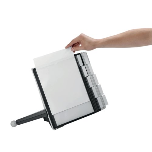 The DURABLE SHERPA range is a stylish display panel system range with a sturdy base. Perfect for use in a showroom, office, etc. This desk unit includes 10 A4 display panels (5 black and 5 grey) for holding documents. The panels are anti-glare and copy-proof which makes it easy to use. Great for holding price lists, product information, frequently used telephone numbers, etc.