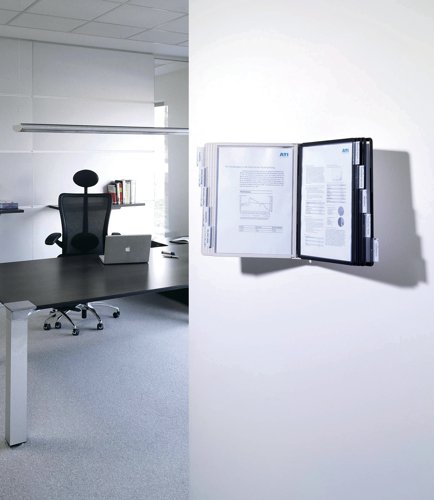 The DURABLE SHERPA range is a stylish display panel system range with a sturdy base. Perfect for use in a showroom, office, etc. This wall unit includes 10 A4 display panels (5 black and 5 grey) for holding documents. The panels are anti-glare and copy-proof which makes it easy to use. Great for holding price lists, product information, frequently used telephone numbers, etc.