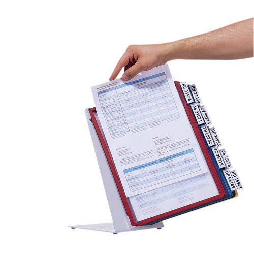The DURABLE VARIO range is a robust and economical display panel system with a sturdy metal base. Ideal for use in industrial areas and offices. This desk unit includes 10 A4 display panels and tabs. The panels are anti-glare and copy-proof which makes it easy to use. Great for holding health and safety instructions, machine manuals, etc.