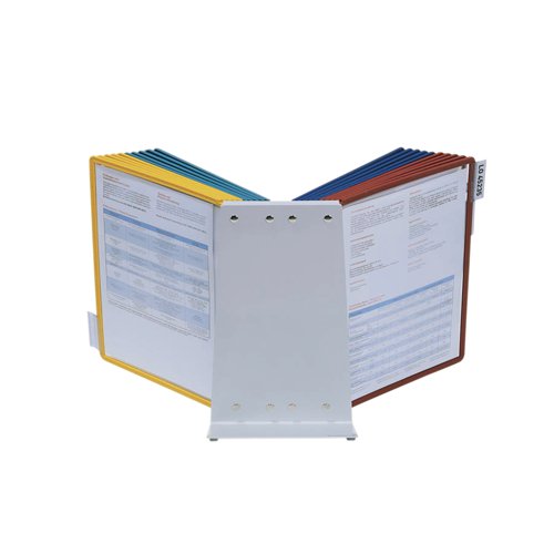The DURABLE VARIO range is a robust and economical display panel system with a sturdy metal base. Ideal for use in industrial areas and offices. This desk unit includes 20 A4 display panels and tabs. The panels are anti-glare and copy-proof which makes it easy to use. Great for holding health and safety instructions, machine manuals etc.
