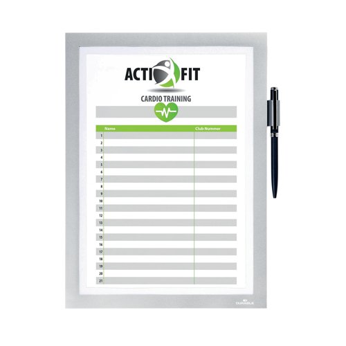 The self-adhesive info frame DURAFRAME NOTE with pen holder is the ideal solution for writing directly on documents and notices. The inserts can be quickly exchanged thanks to the magnetic fold-back frame. The inserts can be directly written onto making it perfect for cleaning rota's in public toilets, as an event sign up sheet in the workplace or for safety and maintenance check lists.