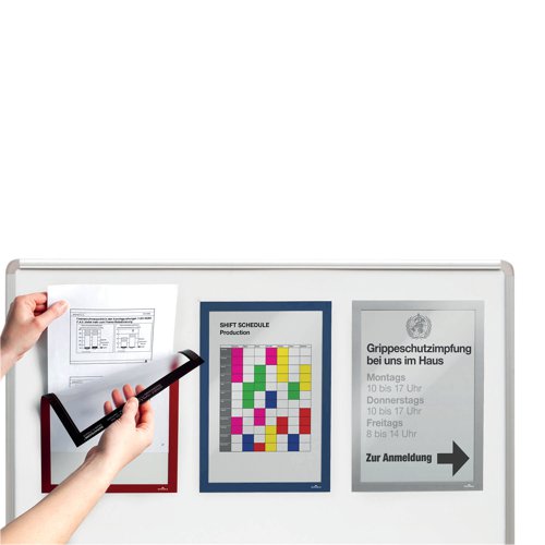 The magnetic info frame DURAFRAME is the ideal solution for displaying documents and notices on metal surfaces. The inserts can be quickly exchanged simply by lifting the magnetic frame away from the surface. Perfect for displaying information such as health and safety information and machinery maintenance checks in warehouse and production areas or on whiteboards around the office.