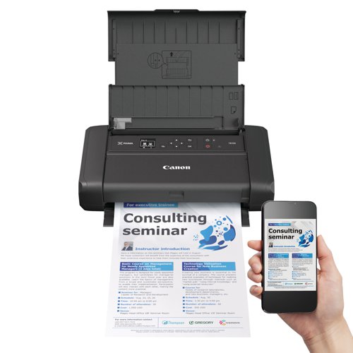 This portable printer is sleek, light and robust, ideal for a business on the move. With cables and connection fixed to one side of the printer for space saving efficiency, the printer couples up with easy connectivity. Print wirelessly with the Canon PRINT app, AirPrint (iOS), Mopria (Android) or Windows 10 Mobile; or Wireless Direct if there isn't access to an internet router. The versatile wireless connectivity and smartphone control offers wireless printing from a PC, laptop or smart defice printing text or borderless photos up to A4.