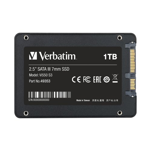Combining speed with durability, the Verbatim Vi500 S3 is a high-speed solid-state drive, guaranteed to optimise your PC performance. With exceptional read speeds of up to 560mb/s, this SSD will improve the boot time and load times of your computer, to help ensure increased levels of productivity. Highly resistant to bumps and shocks thanks to no moving parts and boasting low power consumption for extended battery life on portable devices, this SSD has an impressive storage capacity of 1TB.