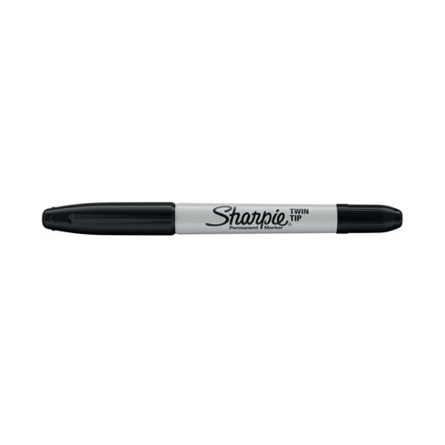 This Sharpie Twin Tip Permanent Marker is suitable for use on most hard surfaces. The unique design features a standard, durable, fibre tip on one end for bold marking and a ultra-fine tip on the other for more detailed work. The ink is fade resistant for long lasting clarity. This pack contains 12 black pens with both a 0.9mm and a 0.5mm line width.