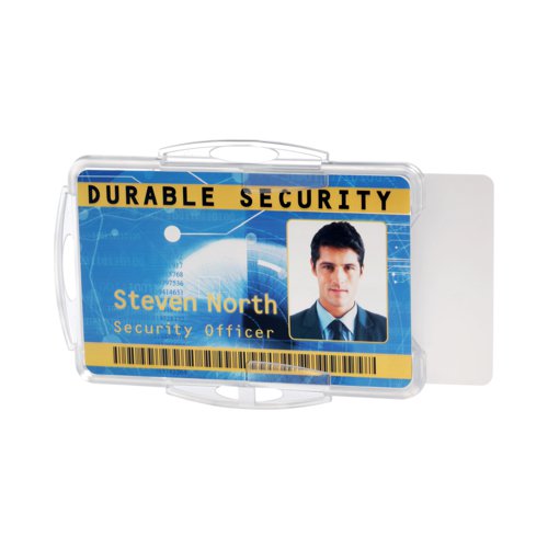 The Durable Dual Security Pass Holder is a double sided, transparent security pass holder for holding two cards, each measuring 54x85mm. Suitable for either portrait or landscape formats. The holder securely holds the cards in place protecting them from damage. The card holder is made from high quality polystyrol and can be used with a combination of chains, reels and lanyards.