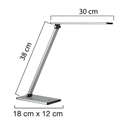 The Unilux Terra desk lamp with an adjustable head and arm allows the customisation of lighting with two articulations. Featuring efficient LED light diffusion, the high performance 6 Watt LED provides low energy consumption lighting without glare through the four adjustable light intensity settings. Supplied in silver, with a base measuring 180mm x 120mm and a maximum height of 510mm, the compact design makes it suitable for positioning on most sizes of desks.