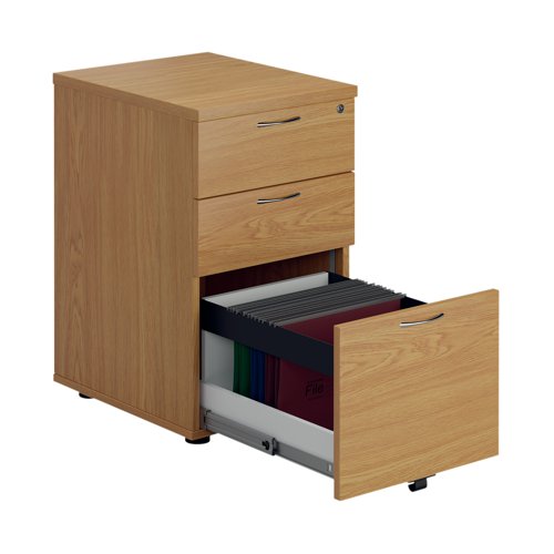 Offering a convenient and flexible place to store your documents, papers and stationery, this Nova Oak-finish pedestal fits under your desk for easy access. The pedestal features 3 box drawers and measures W434xD580xH690mm.
