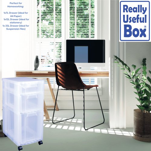 Ideal for office, school or home storage and organisation, the Really Useful Clear Plastic Storage Tower lives up to its name, providing you with space for a range of items. This item has three separate draws, 7 litre and 12 litre for the storage of loose items and a 25 litre drawer that is suitable for use with A4 suspension files. Castors ensure that it is not difficult to move and position your tower to place it in an area that is convenient to you.